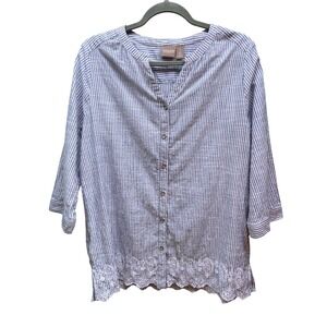 Chicos Blue White Striped Cotton Button Up Blouse Eyelet Lace Hem Size Large